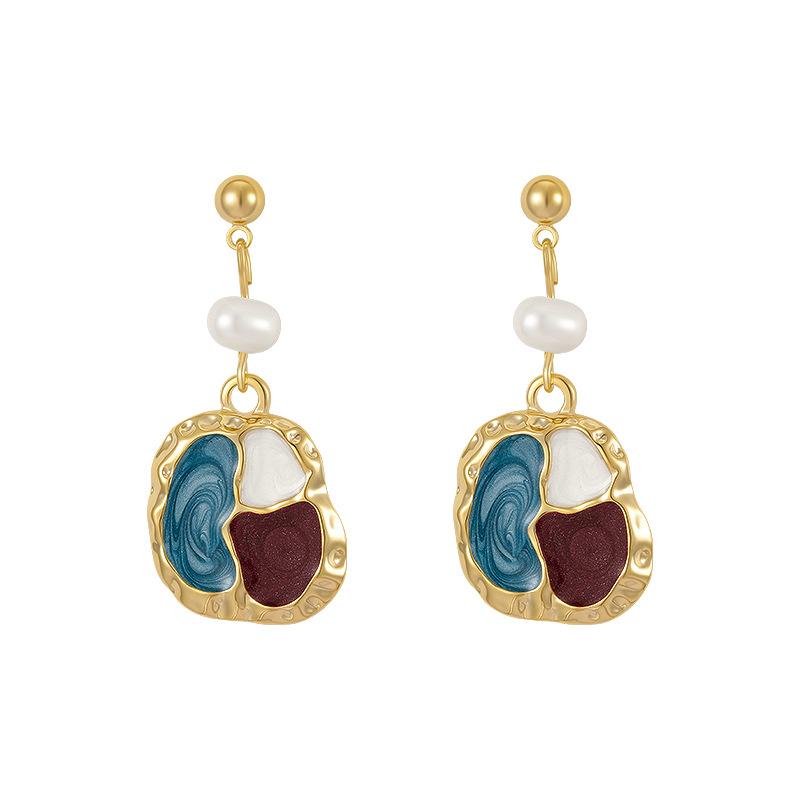Needle Color Matching Irregular Oil Stud Earrings Fashion French Literary Style Ear Jewelry Baroque Freshwater Earrings