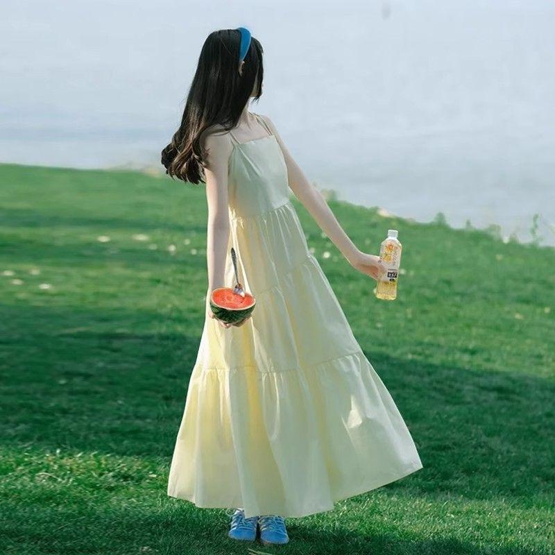 Women Pastel Yellow Tiered Spaghetti Strap Maxi Dress Casual Summer Sleeveless A‑Line Long Swing Dress