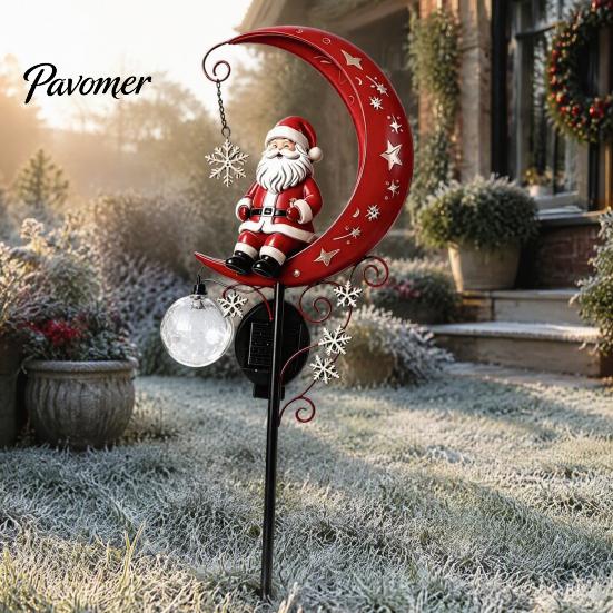Retro Style Garden Art 31 Inch Solar-Powered Christmas Stake Light, Santa Claus on A Moon LED Pathway Auto Solar Powered Lamp Light with Snowflake