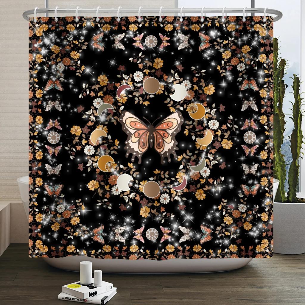 Moth Shower Curtain Moon Phase Butterfly Mushroom Psychedelic Tarot Gothic Shower Curtain for Bathroom Waterproof Bath Curtain