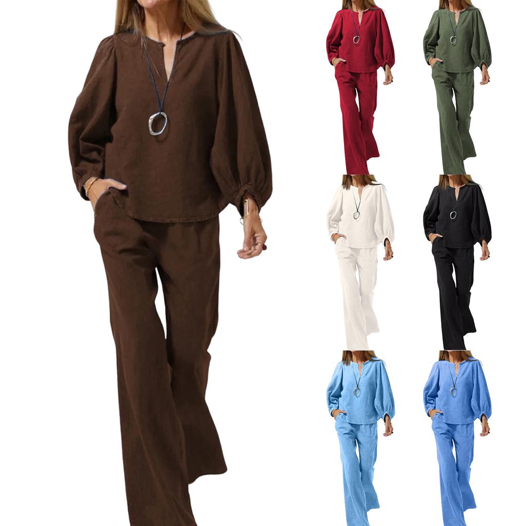 Women's Casual Long Sleeve Cotton Linen V-neck Straight Pants Two-piece Set