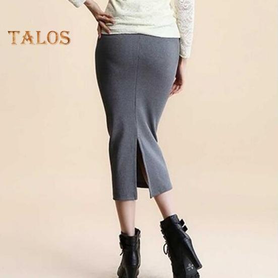 Kadın Midi Etek Orta Bel Sırt Bölünmüş Tasarım Düz Renk Örgü Etek Kalça Sarılı Ofis Bayan Etek İş Giyim