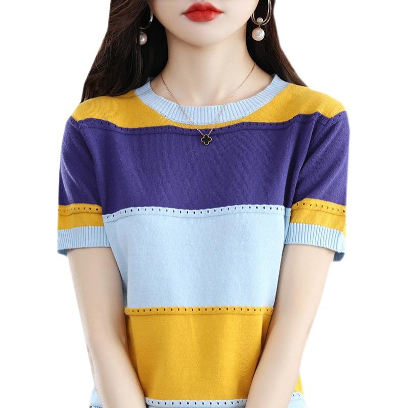 Summer Women's Knitted T-shirt Round Neck Hollow Out Pullover Knitted Half Sleeved T-shirt for Women