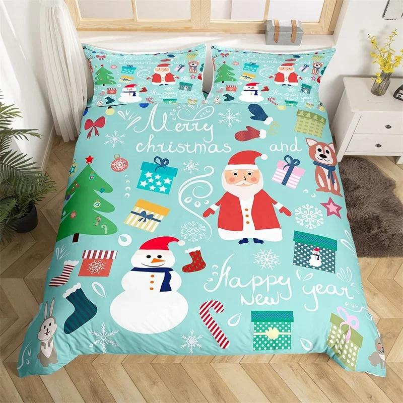 Christmas Theme Duvet Cover Set Single King Queen Twin Cartoon Santa Claus Bedding Set Microfiber Xmas Deer Comforter Cover