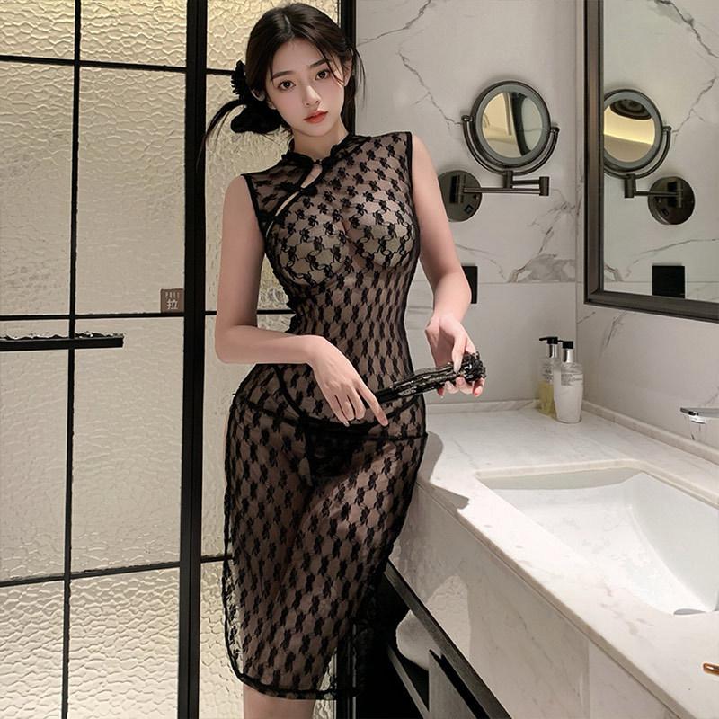 Sexy erotic underwear women's classical pure desire style cheongsam see-through milk lace transparent dress temptation free set