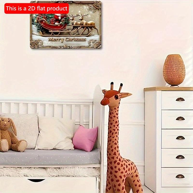 2d Flat 30*20cm, Glam Style Wooden Wall Hanging Decorative Sign, Festive Santa with Reindeer and Gifts Christmas Theme, Multipurpose Holiday, for Home