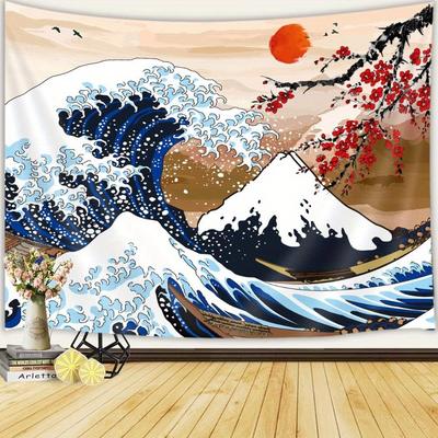 Ocean Waves Mount Red Sun Digital Bohemian Wall Tapestry Aesthetic Wall Decor Boho Home Decoration For Bedroom Living Room