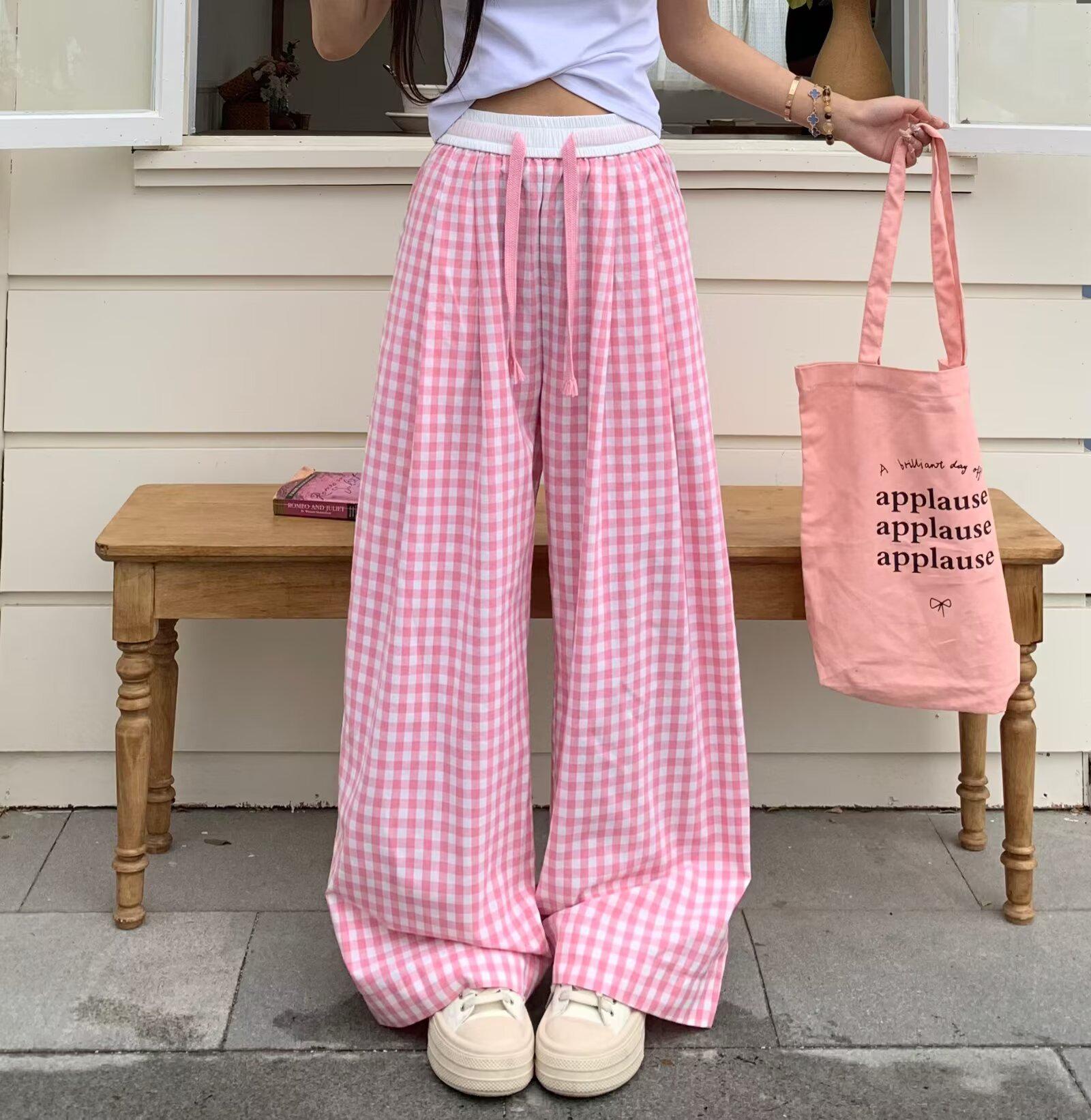 

Women s High-Waist Korean Plaid Pants - Spring/Summer 2025, Versatile Wide-Leg Style Medium розовый