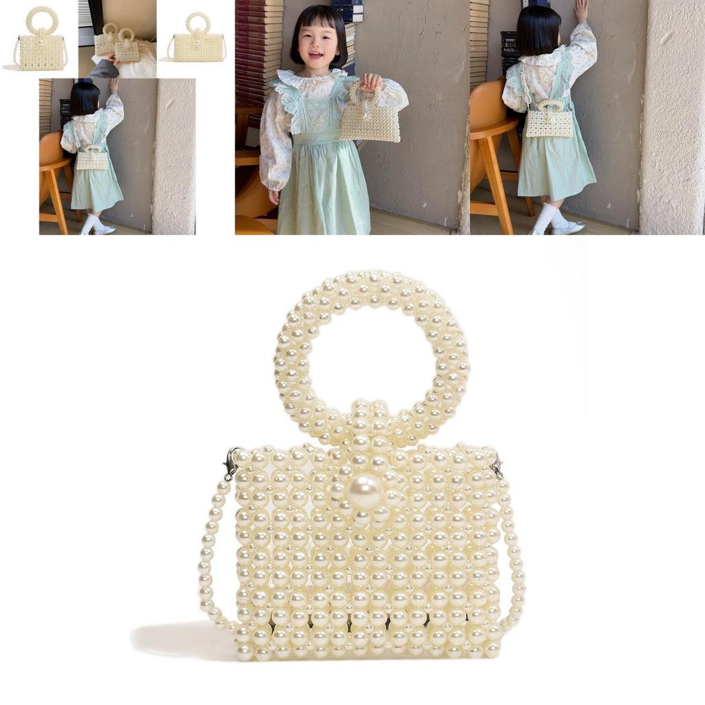 Stilvolle französische süße Perlen-Schultertasche für Kinder mit runden Ringen, trendy