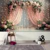 Pink Floral Wedding Arch Tapestry, Sheer Curtain with Lights Background Cloth, Romantic Party Backdrop