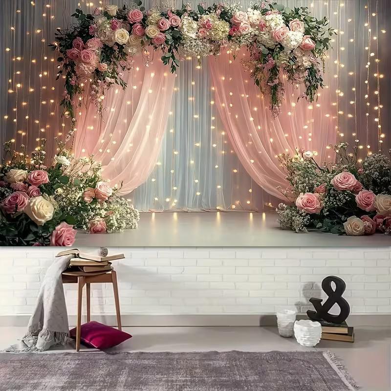 Pink Floral Wedding Arch Tapestry, Sheer Curtain with Lights Background Cloth, Romantic Party Backdrop