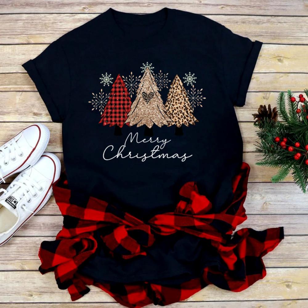 Casual Loose Fit Christmas Tshirt for Women Funny Cartoon Shiny Xmas Tree Print Top Holiday Festival Daily Streetwear Tee