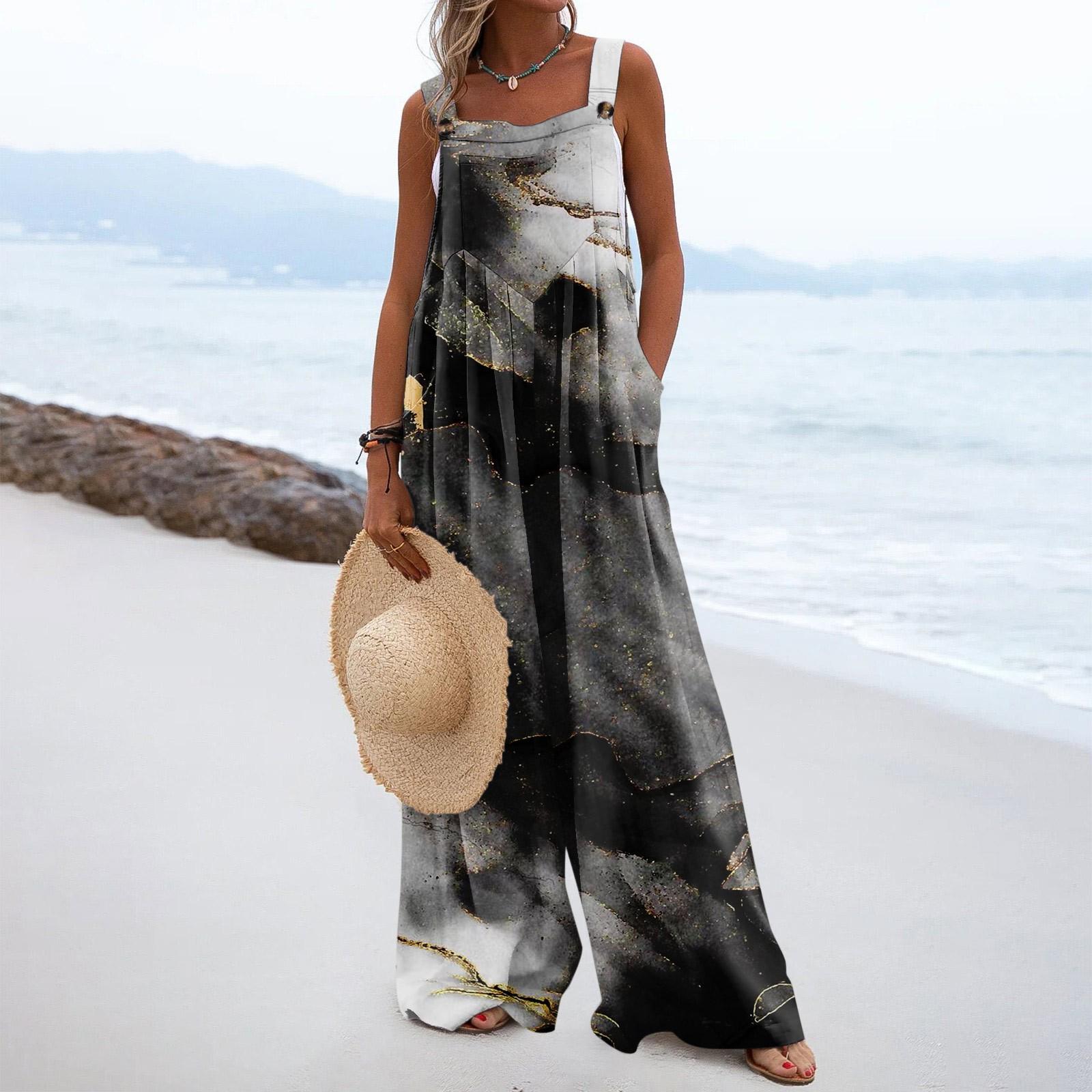 

Женские комбинезоны, повседневные комбинезоны с широкими штанинами и принтом, комбинезоны без рукавов с карманами, наряды XXL