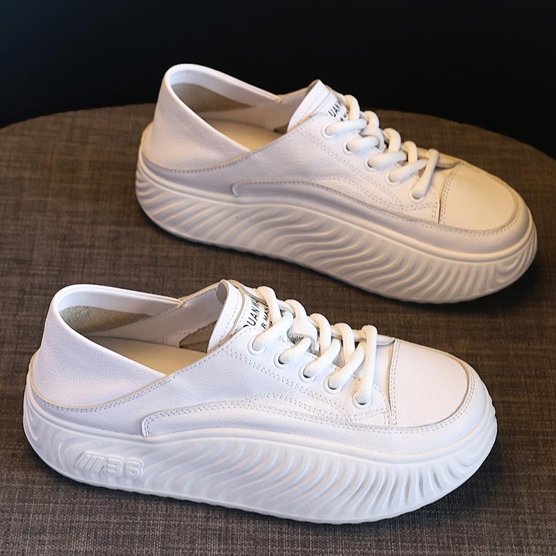 Genuine Leather Women Flat Casual Shoes Thick Sole Cow Leather Brand Laides White Shoes