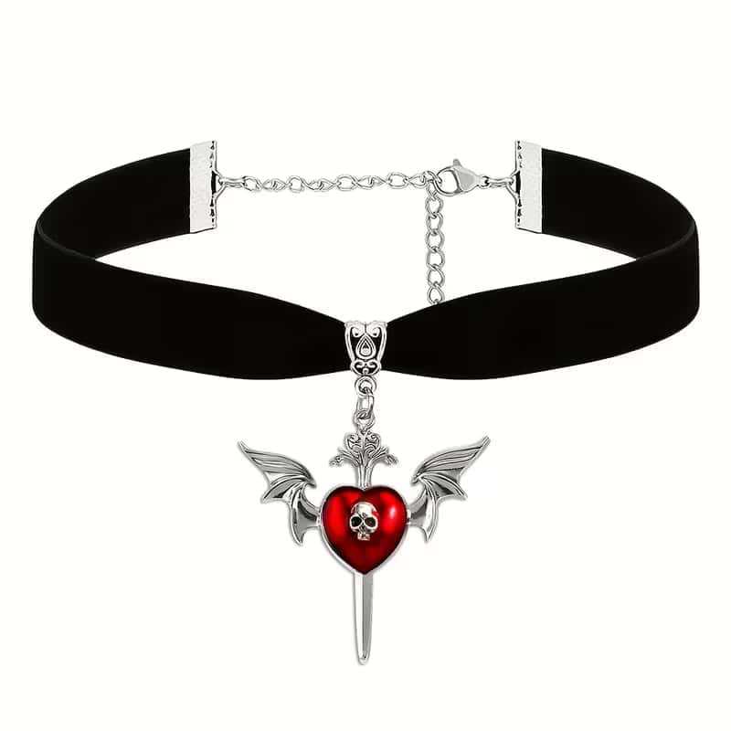 

Gothic Black Velvet Choker Silver Color Wing Skeleton Heart-shaped Pendant Necklace for Women Halloween Party Vampire Jewelry