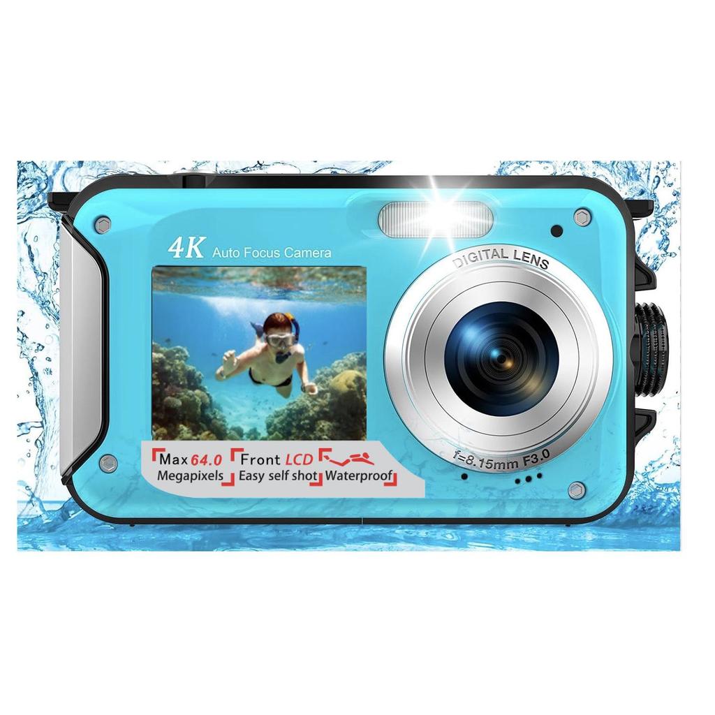 4K Underwater Camera, 64MP Autofocus, Waterproof with HD Dual Screens for Selfies