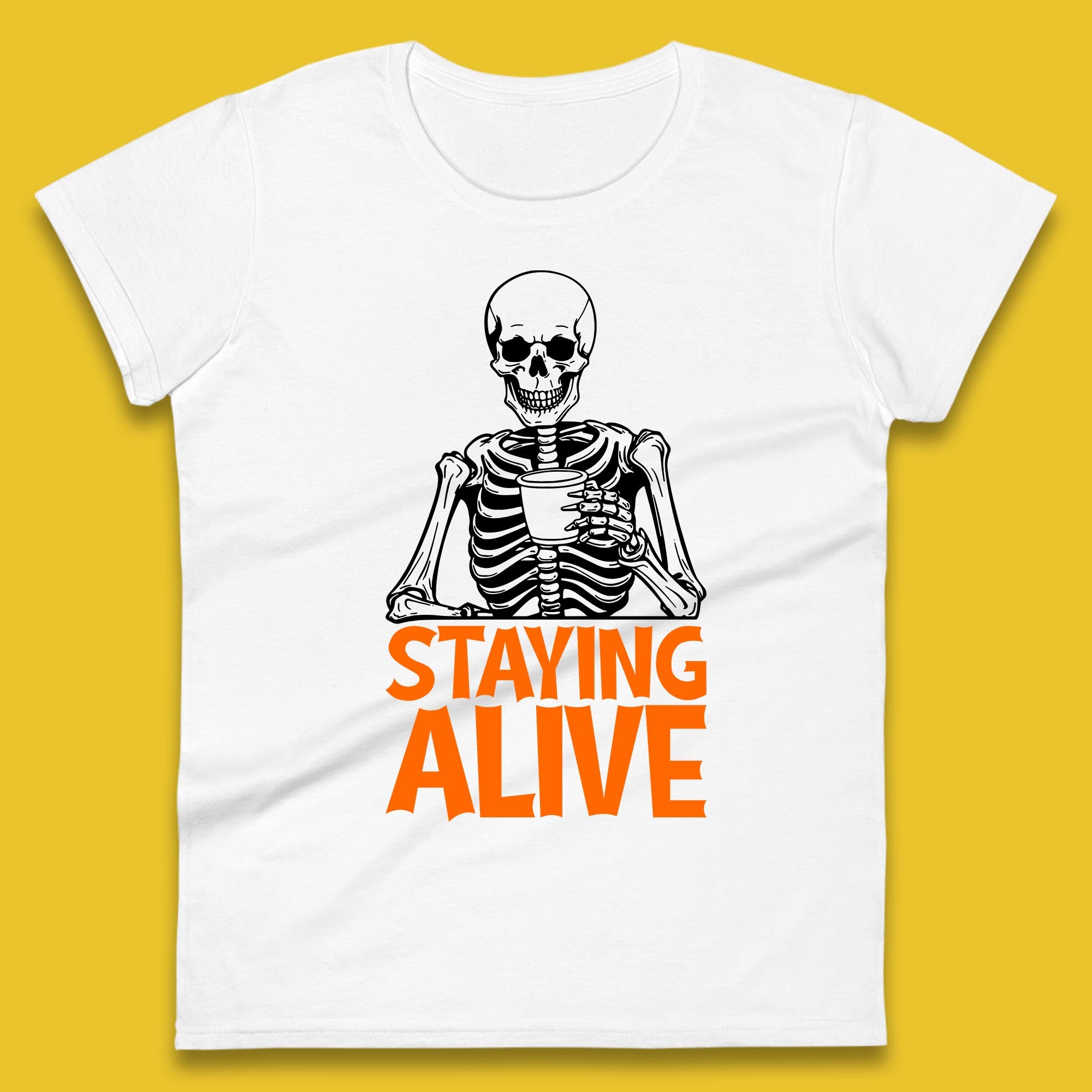 

Staying Alive Funny Skeleton Trendy Coffee Halloween Skull Vintage Coffee Lovers Womens Tee T Shirt Mens Tops Unisex Top M