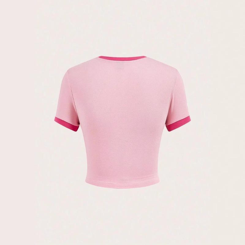 Womens Pink Ringer Crop Top With Red Lips Print Short Sleeve Slim Fit Casual Round Neck Tee