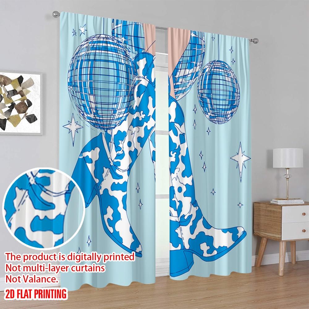 Set Of 2 Flat Printing Curtain Cowboy Disco Boots Sparkle Digital Printed Polyester Drapes Festive Curtains Perfect Bedroom For Decor Made
