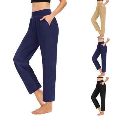 Women  Elastic High Waist Pant Casual Active  Fit Wide Leg Long Pants Trousers With Pockets
