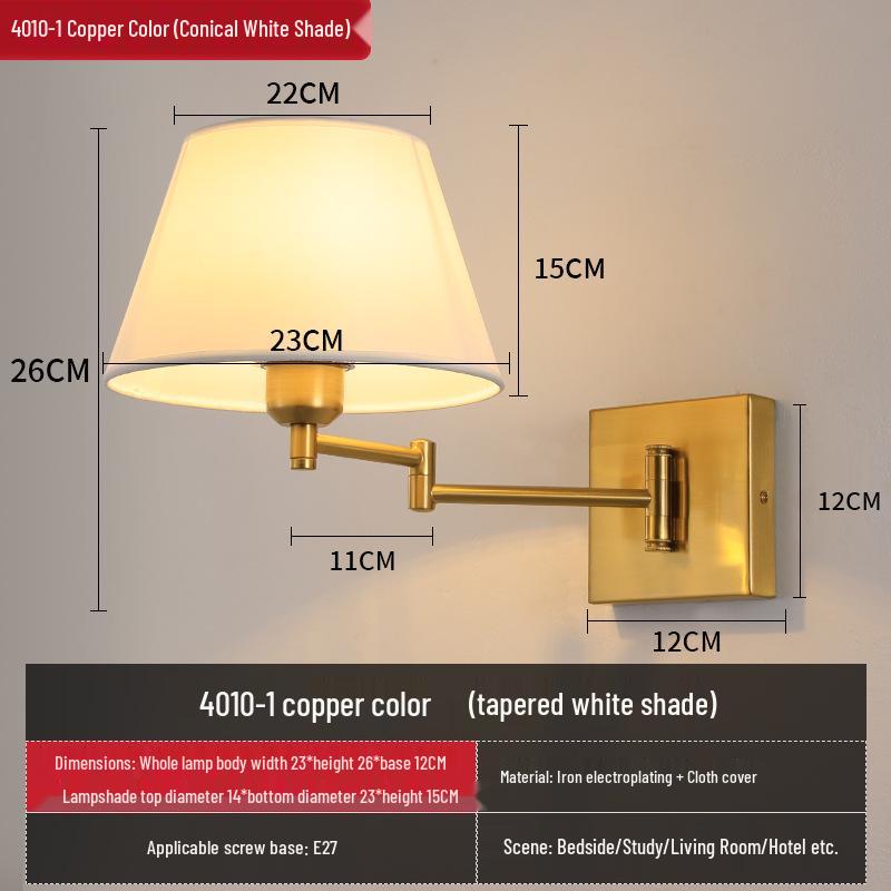 Modern LED Swing Arm Wall Light with Fabric Shade for Bedroom, Study, or Living Room.
