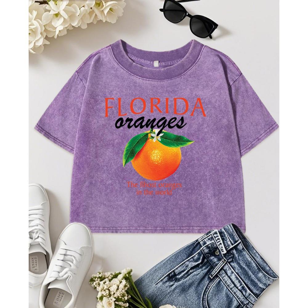 Florida Oranges Fresh Fruit Print Washed Tee Shirt Women Cotton Comfortable T-Shirts Casual Slim Short Sleeve Clothes