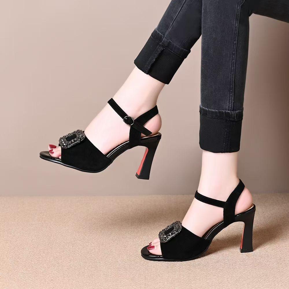 Open-toed sandals fish mouth low-top fashion sandals Roman shoes summer thick heel fashion versatile one-word strap stilettos
