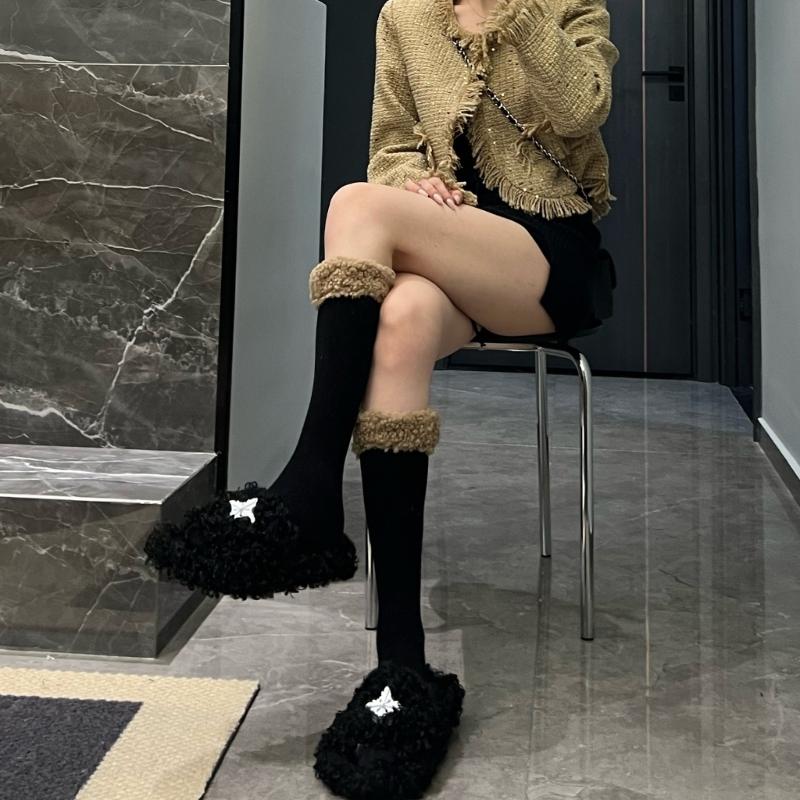 Women Winter Calf Length Boots Socks Japanese Style Cute Faux Lamb Wool Furry Trim Pompom Bowknot Stockings Leg Warmer