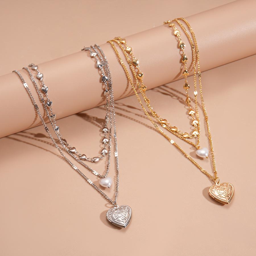 Imitation Pearl Love Print Three-layer Stacked Sweater Chain French Retro Necklace