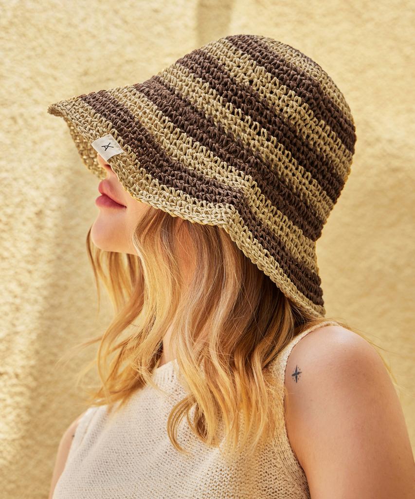 Bajal Striped Paper Bucket Hat Brown