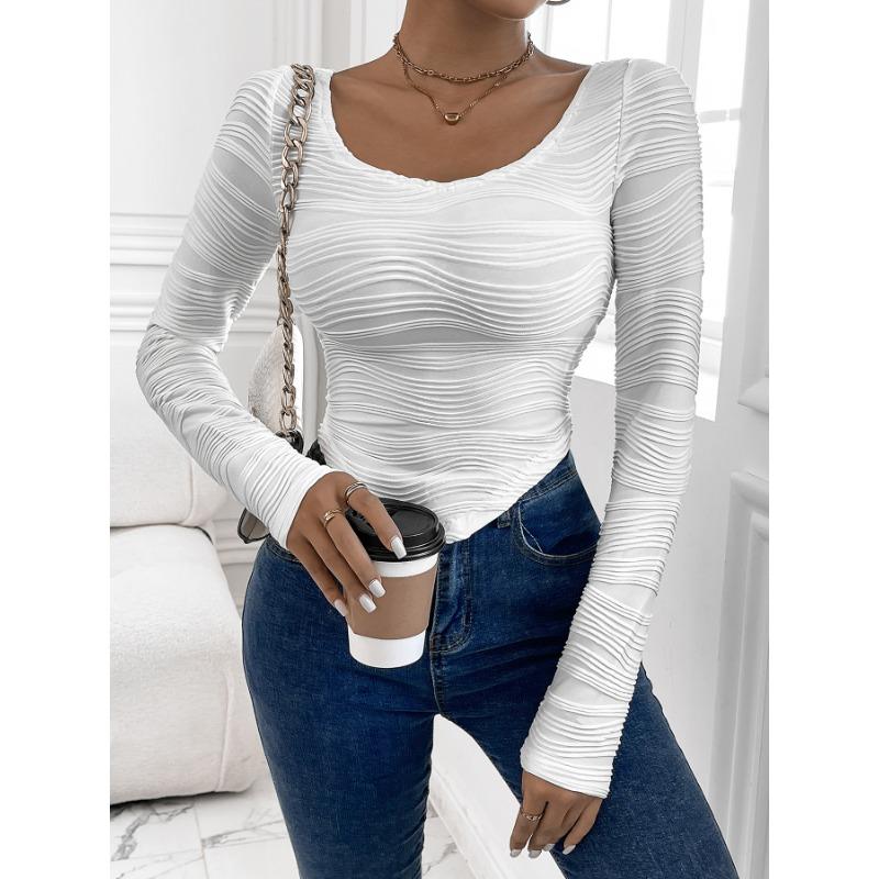 Fashion Elegant Long Sleeve Pleated Sexy Women T-Shirt Slim Fit New Crew Neck Curved Texture Office Crop Blouse Spring and Autumn Irregular Shirt Tops