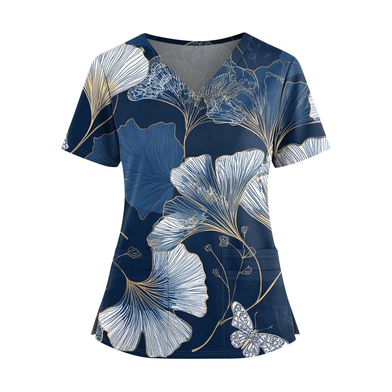 

Ladies Fashionable Floral Print V-neck Double Pocket Short Sleeved Shirt With Slit Hem And Protective Worker s Top XXL