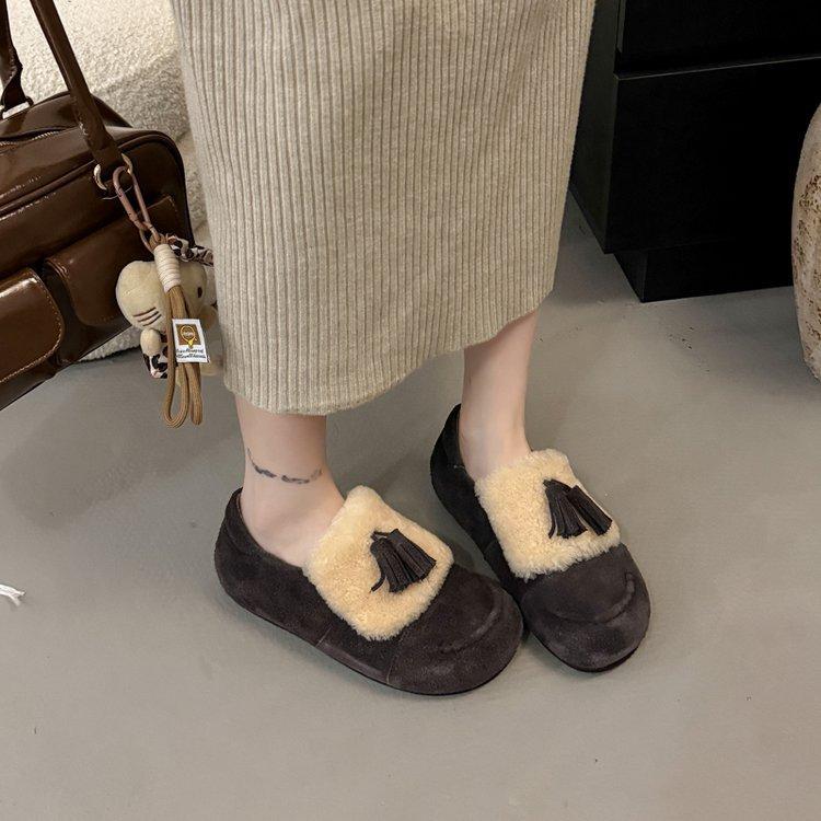 Koreanische Version Herbst und Winter neue Schleife Lammwollschuhe Damen tragen Samt flache Slipper vielseitige Doudou-Schuhe