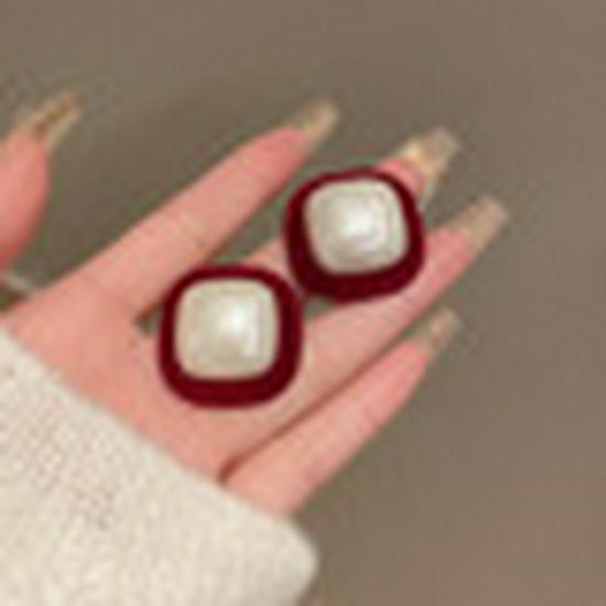 Red Pearl Geometric Square Festive Earrings - Lightweight, High-End, Versatile Luxury Fashion Accessory