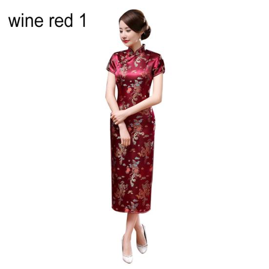 Traditional Chinese Women Long Cheongsam Bridesmaid Short Sleeve Evening Dress