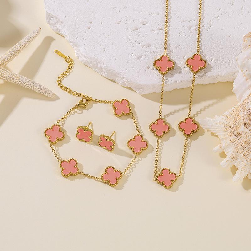 Set da 3 pezzi in acciaio al titanio, resistente allo sbiadimento, a doppia faccia, con quadrifoglio, moda donna, elegante, lusso leggero, collana per clavicola e braccialetto