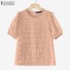 ZANZEA Women Casual Round Neck Short Sleeve Loose Crochet Patchwork Blouse