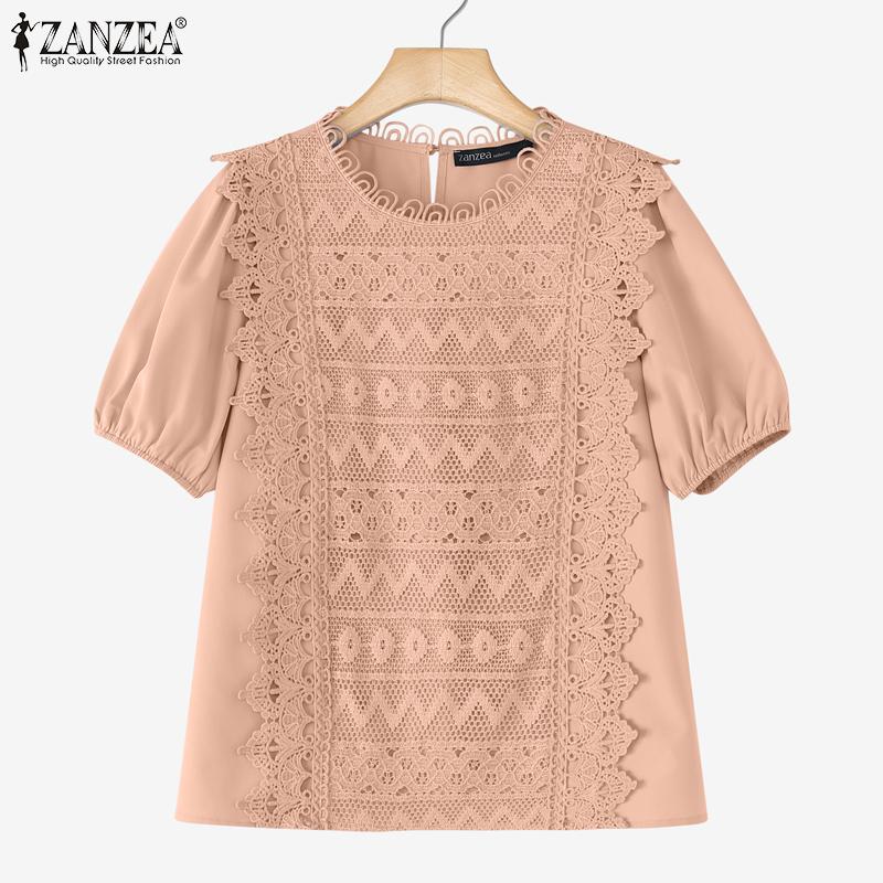 ZANZEA Women Casual Round Neck Short Sleeve Loose Crochet Patchwork Blouse