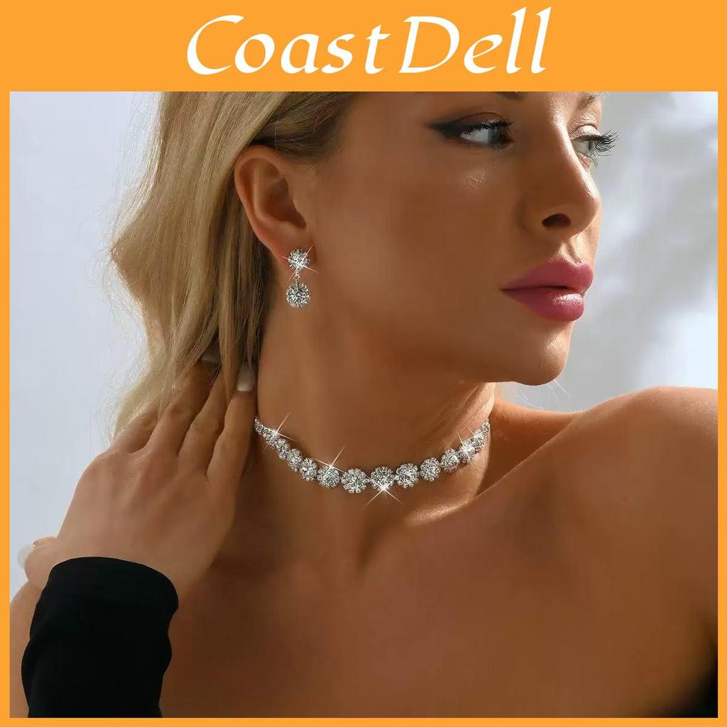 Fashion Jewelry Necklace Earrings Set With Water Drill Flowers For Women