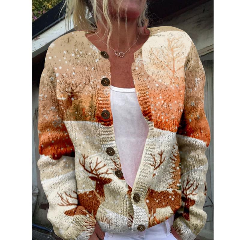 2025 Autumn/Winter Animal Print Round Neck Cardigan Sweater