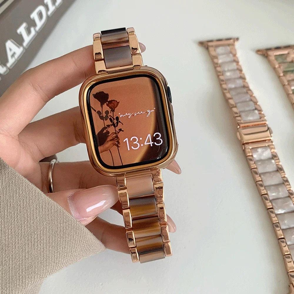 Luxury Women Resin Strap For Apple Watch Ultra 3 2 49mm 42mm 46 41 45 38 40 44mm Metal Bracelet for iWatch 11 10 9 8 7 6 SE Band