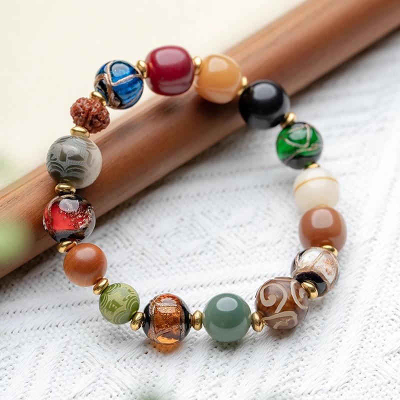 Handmade Antique-Style Glass Bead Bracelet Men Women 17-Bead Ethnic Style Charm With Mythical Beast Motif Multi-Gem Bead 12mm
