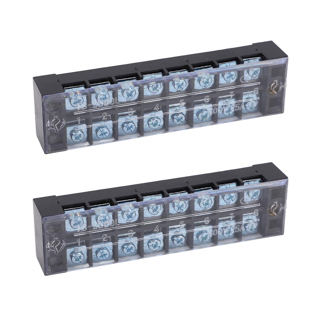 2PCS Dual Row Screw Terminal Strip Fixed High Current Terminal Blocks with Cover 600V 25A 8