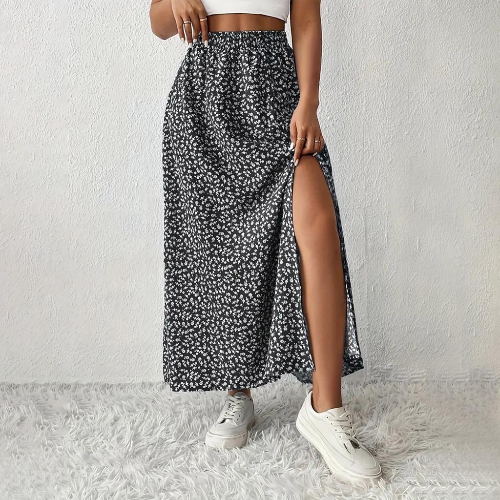 New Women's Fashionable Casual Printed Split Maxi Skirt