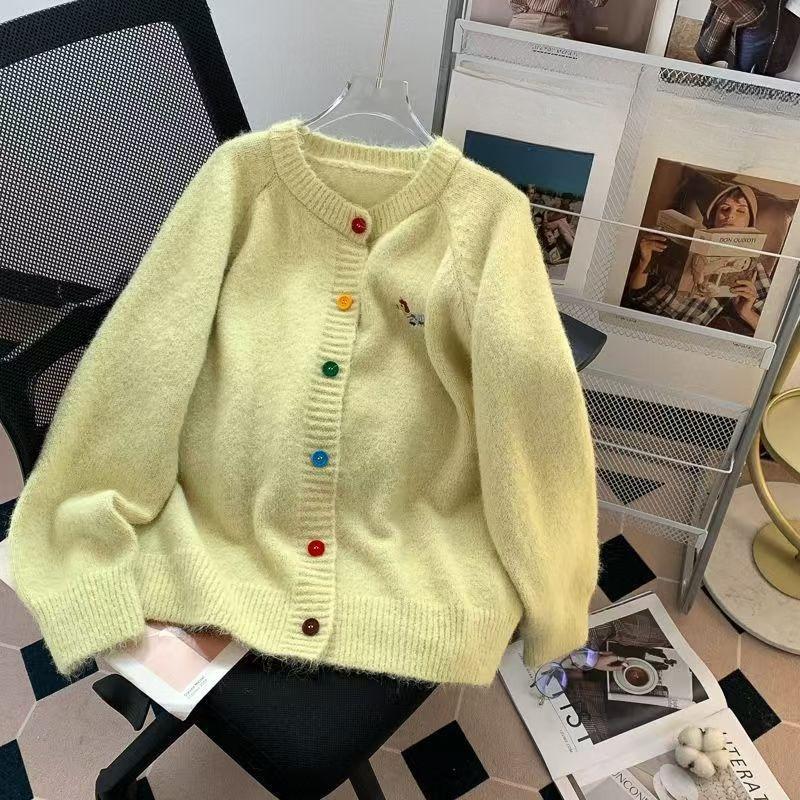 Korean-Style Crew Neck Dog Pattern Knit Cardigan for Women: Autumn Winter Versatile K-Style Sweater Top