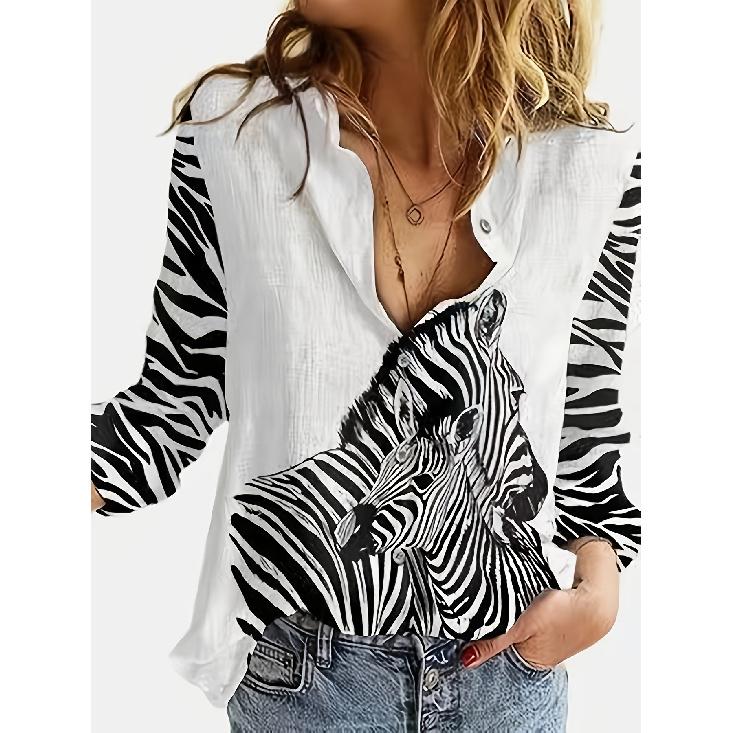 Spring and Autumn 3D Digital Print Women's Fashionable Collared Long Sleeve Casual Shirt