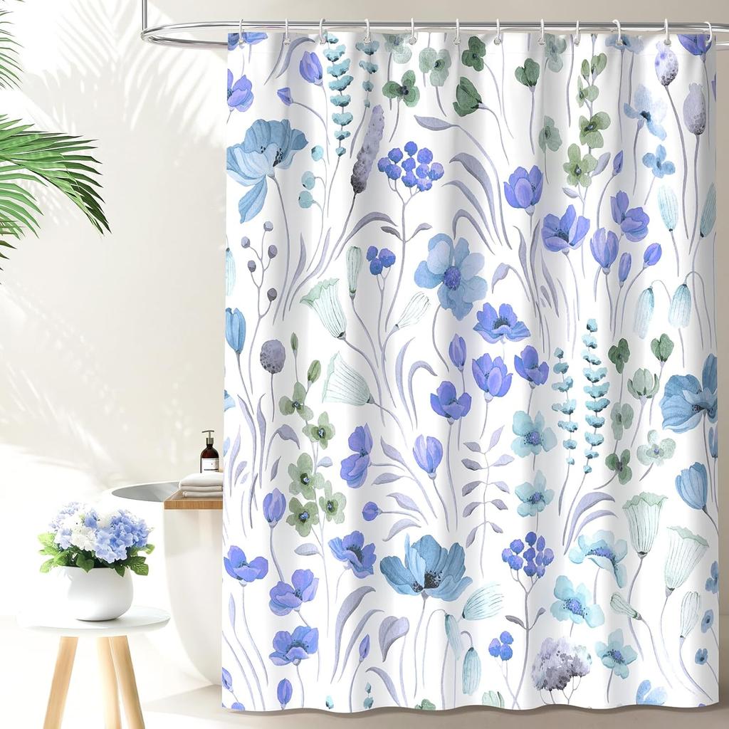 Watercolor Floral Shower Curtain, Flowers Print Spring Bathroom Curtain, Wildflowers Home Décor Machine Washable Bath Curtain