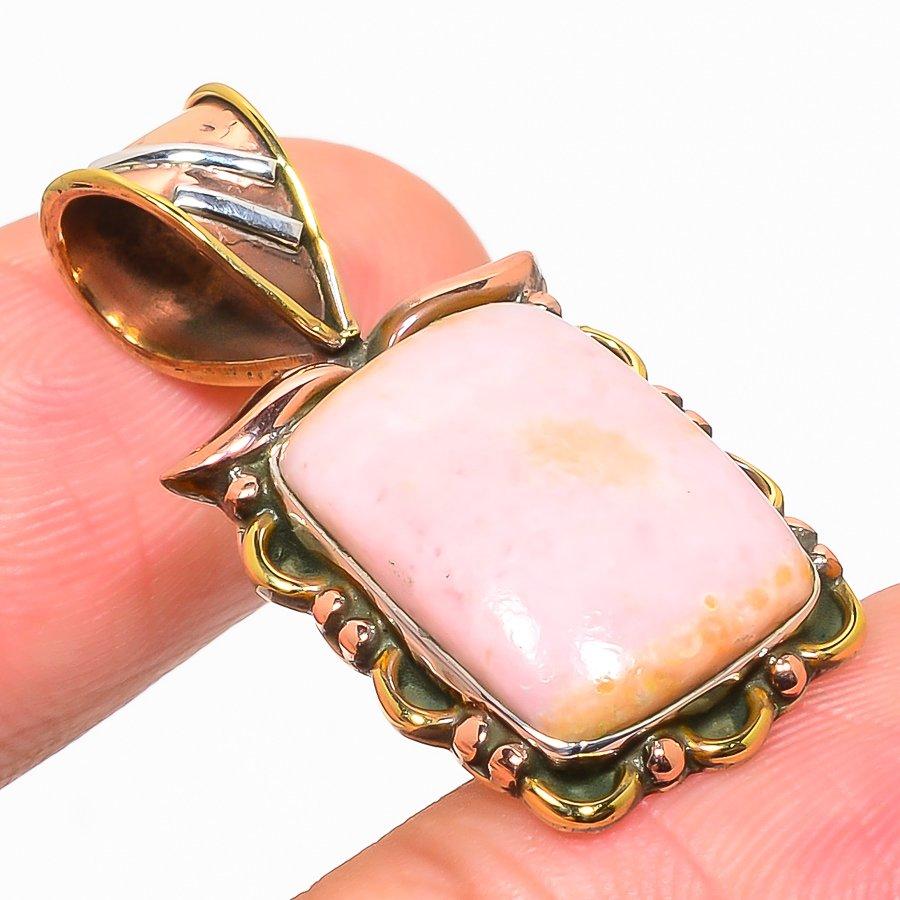 Natural Pink Opal Gemstone Two Tone 925 Solid Sterling Silver Pendant 1.25" T0S52
