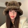 Furry Cartoon Fisherman Hat with Ear for Outdoor Sports Furry Leopard Pattern with Ear Oversized Headgear Hat for Winter