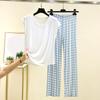 Ladies' Casual And Comfortable Round Neck Solid Color Top With Checkered Printed Pants Plus Size Set